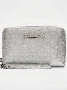 Vince Camuto Silver Metallic Wristlet Wallet | Zip Around | Textured Leather